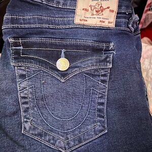 True Religion Women's Straight Leg Jeans in Dark Blue Denim